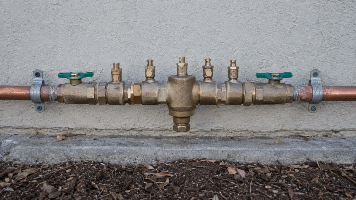 Brass backflow prevention assembly installed on an exterior copper water line