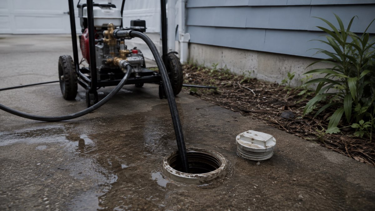 Sewer jetter hose feeding from a pressure washer into a residential cleanout