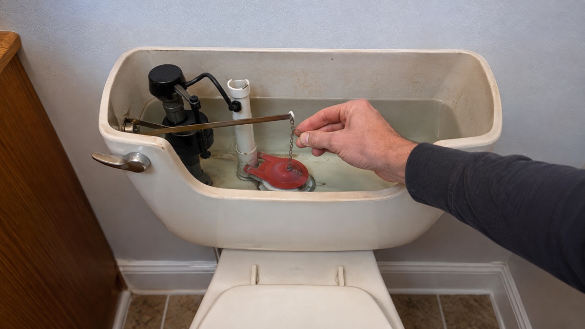 Open toilet tank with a hand checking the flapper chain.