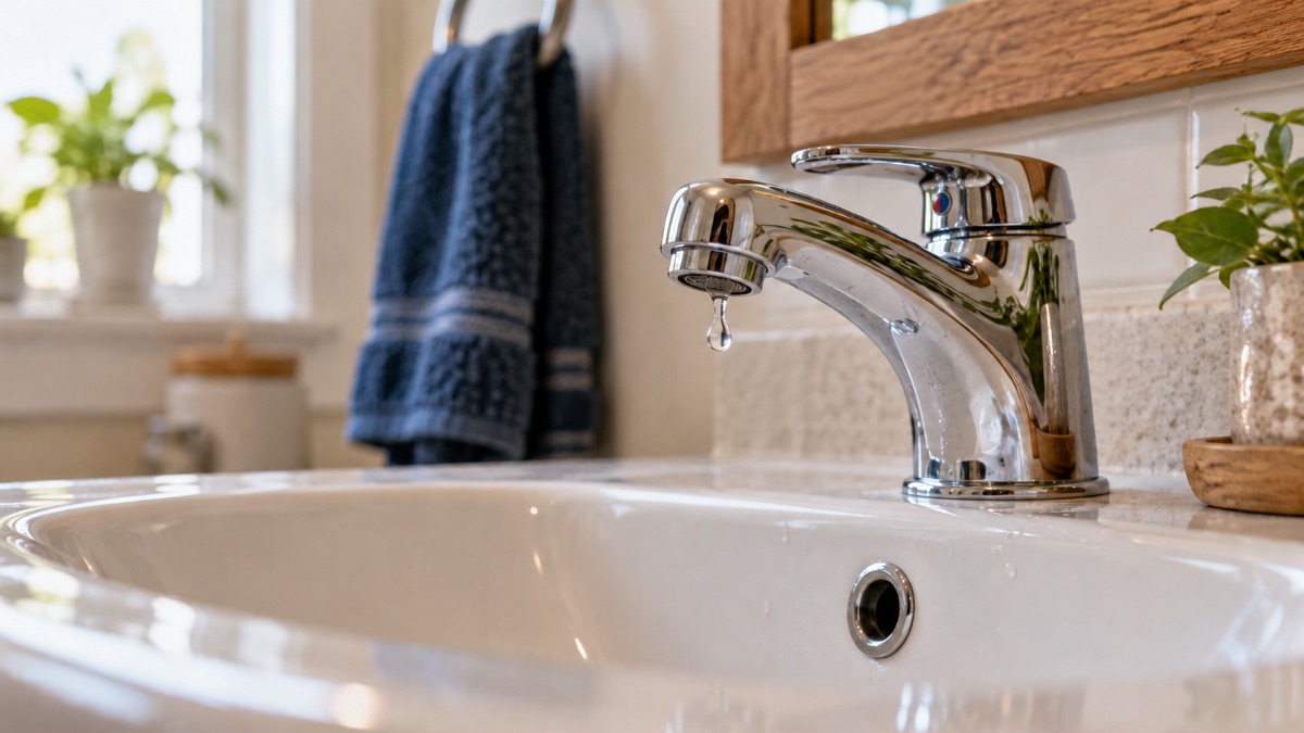 A droplet hangs from a bathroom faucet with its handle in the off position.