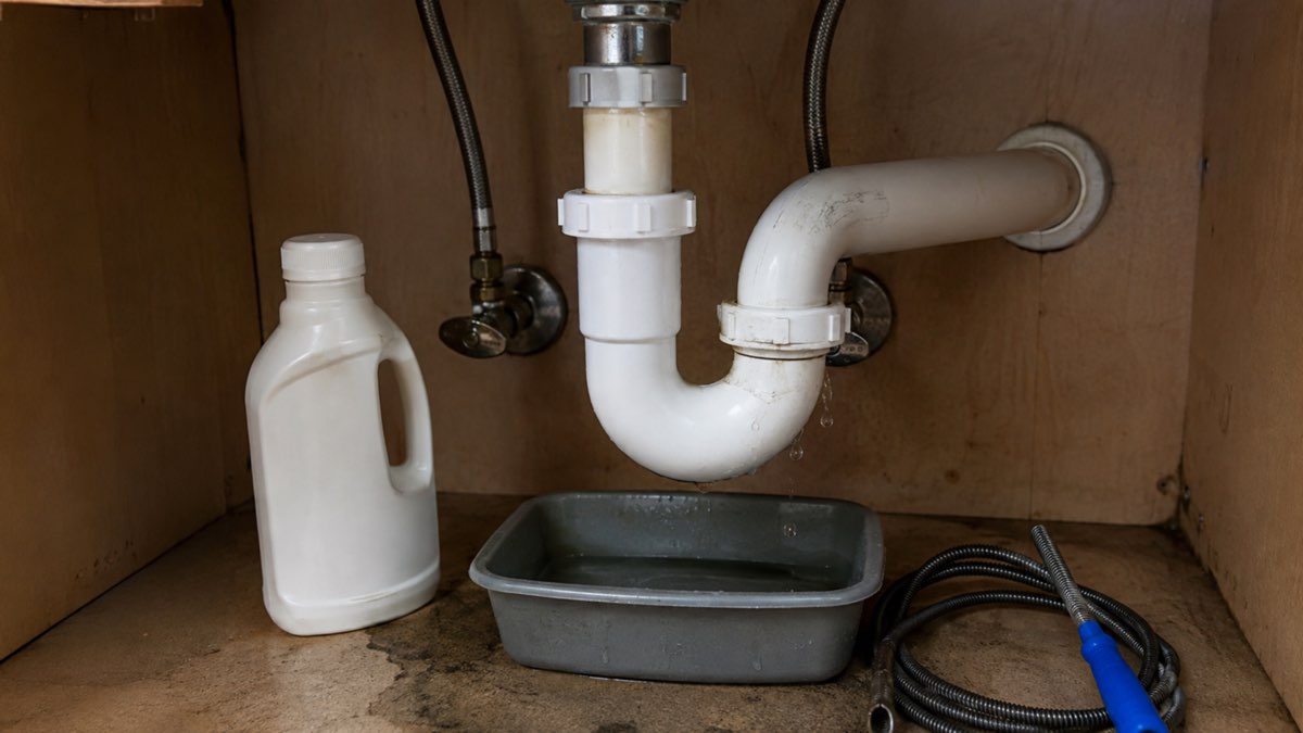 Leaking PVC sink trap above a catch pan beside drain-cleaning supplies