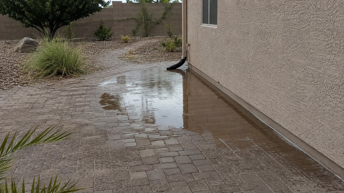 Rainwater pooling against a stucco home beside brick pavers