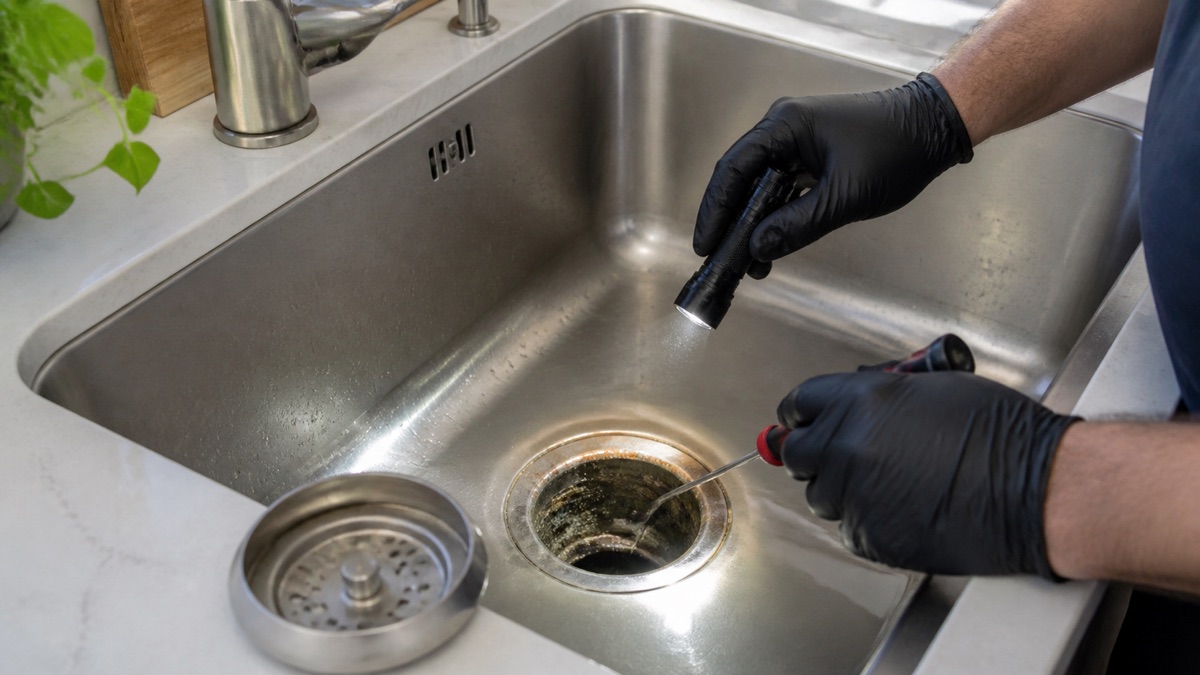 Gloved technician inspecting buildup inside a kitchen sink drain