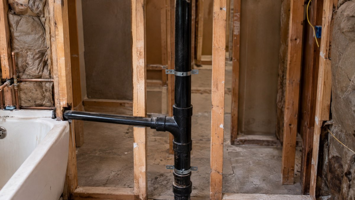 ABS drain and vent stack exposed inside a framed bathroom wall