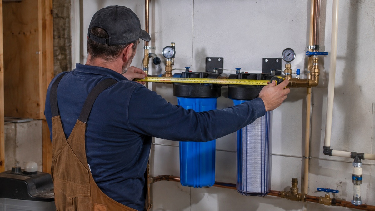 Plumber measures an installed whole-house water filtration system in a utility room.