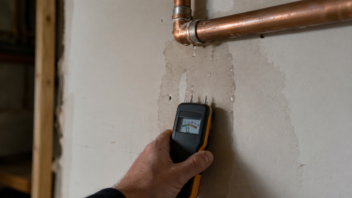 Moisture meter checks damp drywall beneath a leaking copper pipe.
