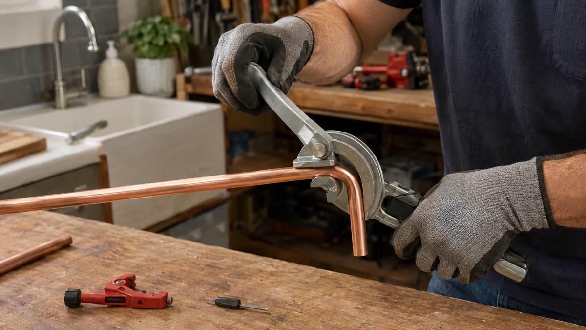 Plumber forming a smooth bend in copper pipe with a hand bender.