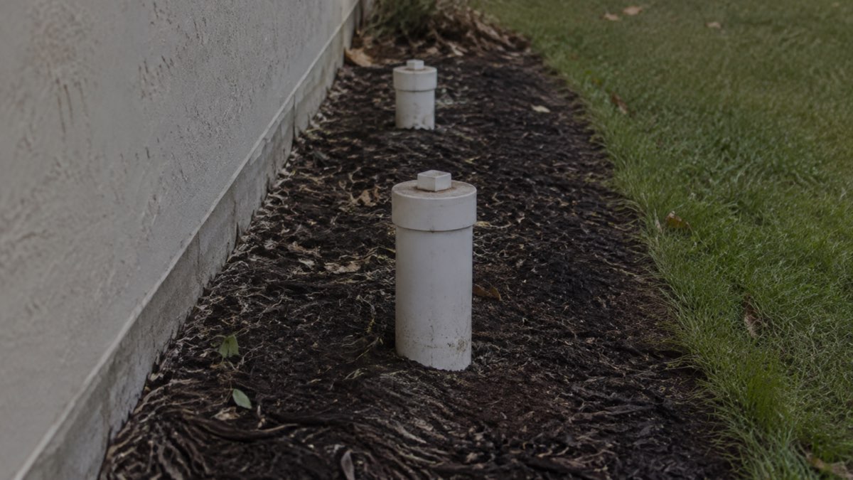 Two capped PVC sewer cleanouts beside a residential foundation