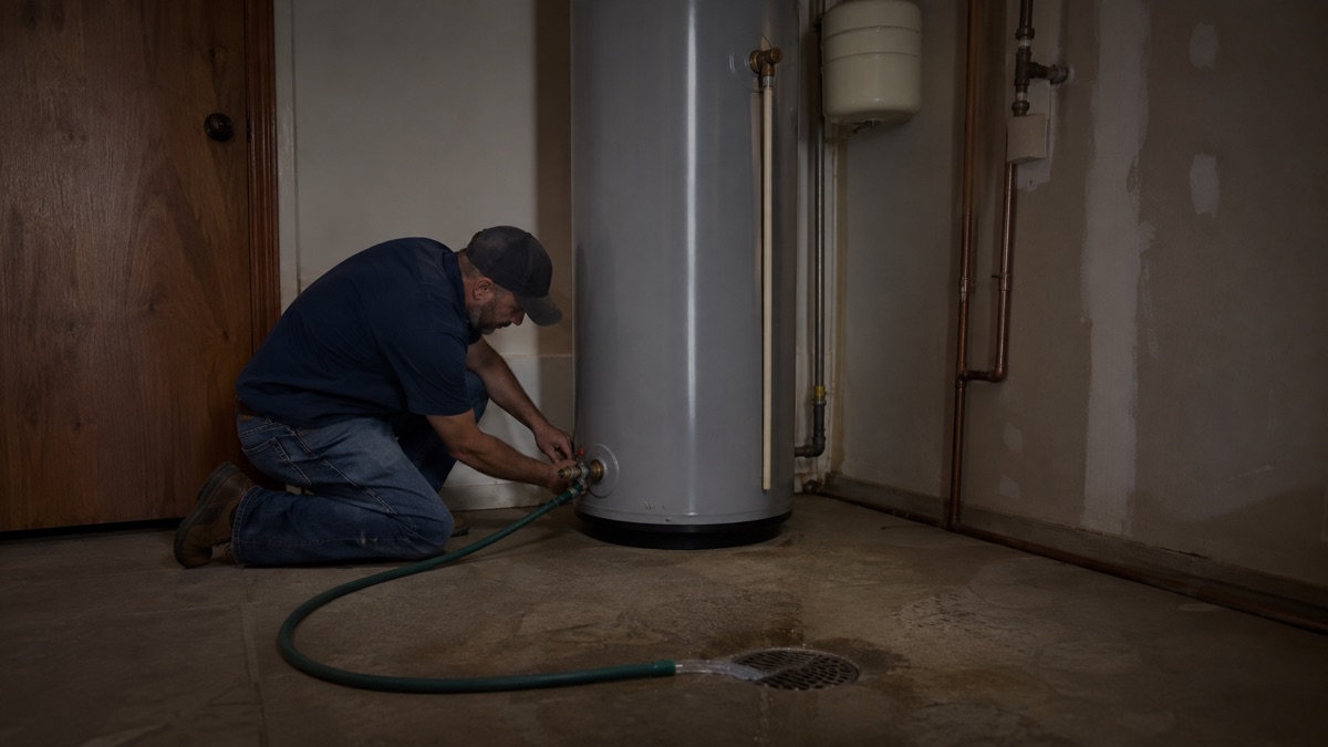 Technician draining a tank water heater through a hose into a floor drain.
