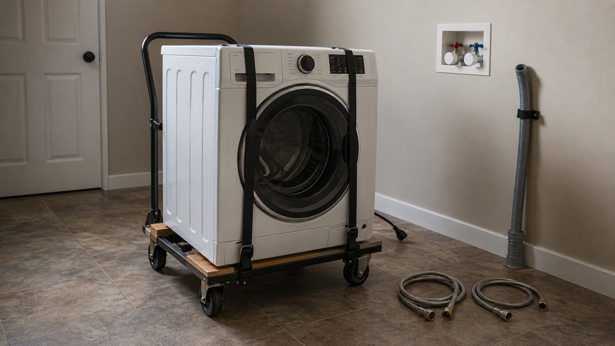 Strapped washing machine on a moving dolly beside disconnected hoses and capped valves.