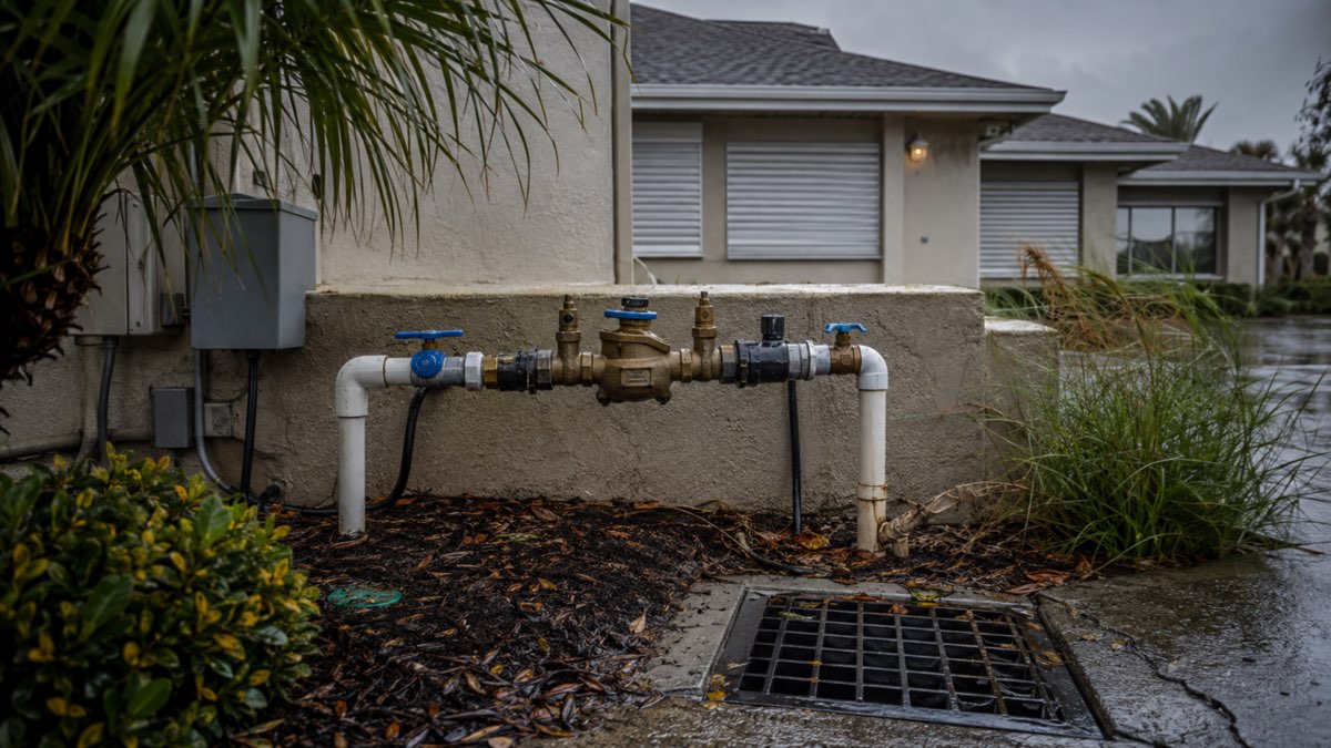 Exterior shutoff, backflow assembly, and cleared drain before a storm