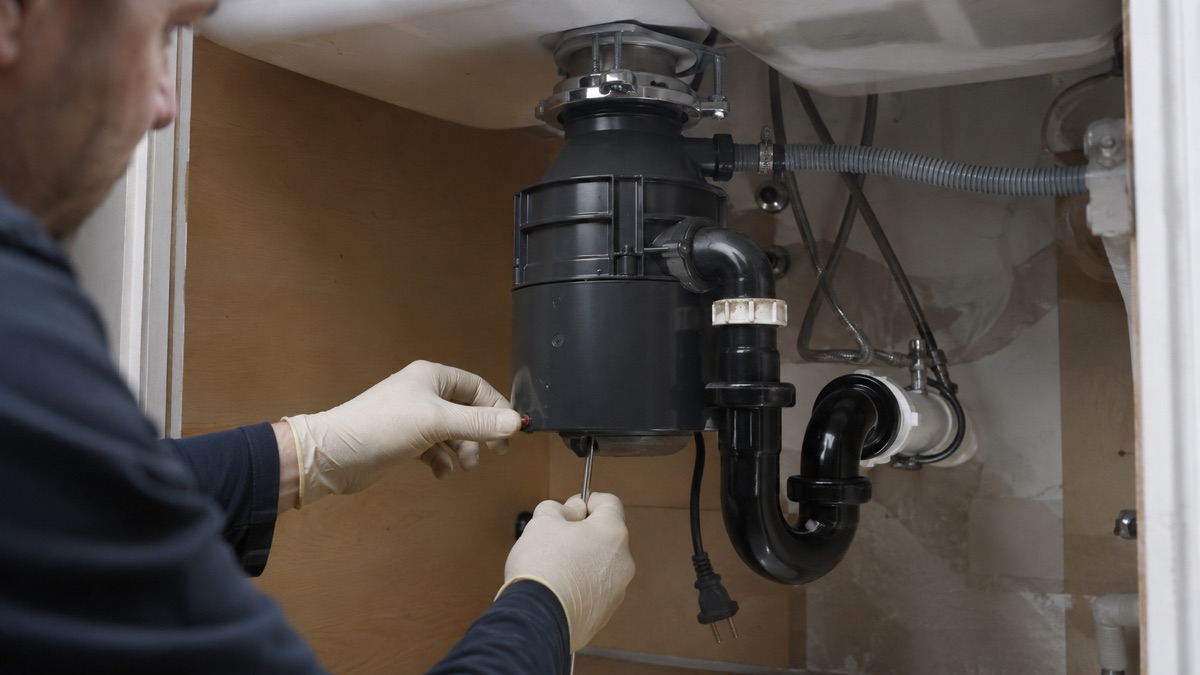 Technician checking an unplugged garbage disposal with its reset button and hex socket.