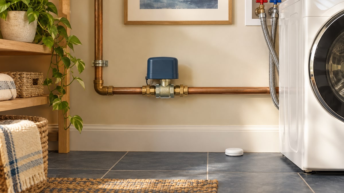 Editorial illustration of a water shutoff valve and moisture sensor in a dry laundry alcove