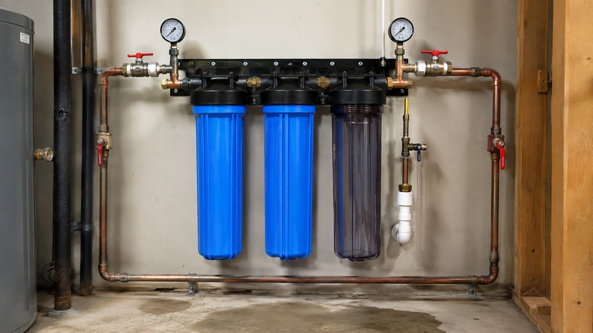 Unbranded three-stage whole-house filtration system with gauges and bypass piping.