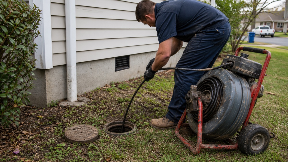 Drain technician feeding a cable machine into an exterior sewer cleanout