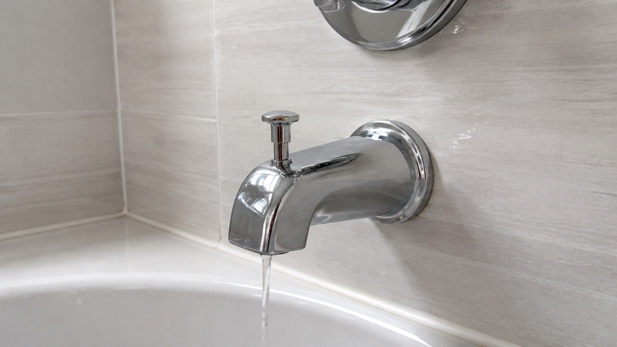Raised pull-up diverter on a chrome tub spout with a small residual trickle.