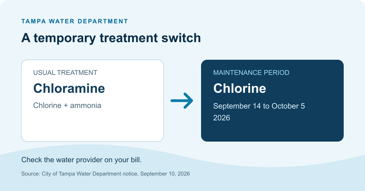 Diagram comparing Tampa’s usual chloramine treatment with its temporary chlorine treatment