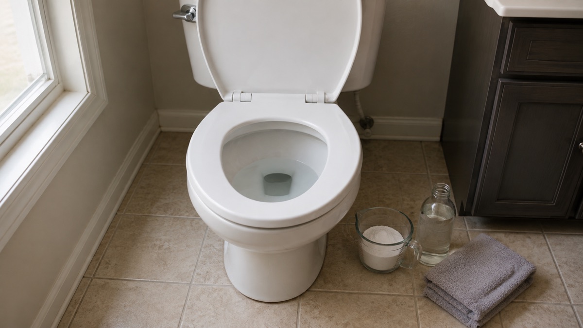Open toilet beside baking soda, vinegar, and folded towels.