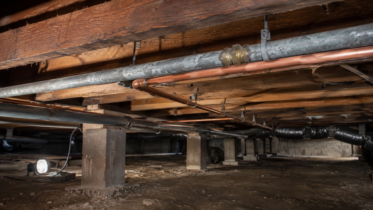 Galvanized and copper water lines run beneath the floor joists of an older home.