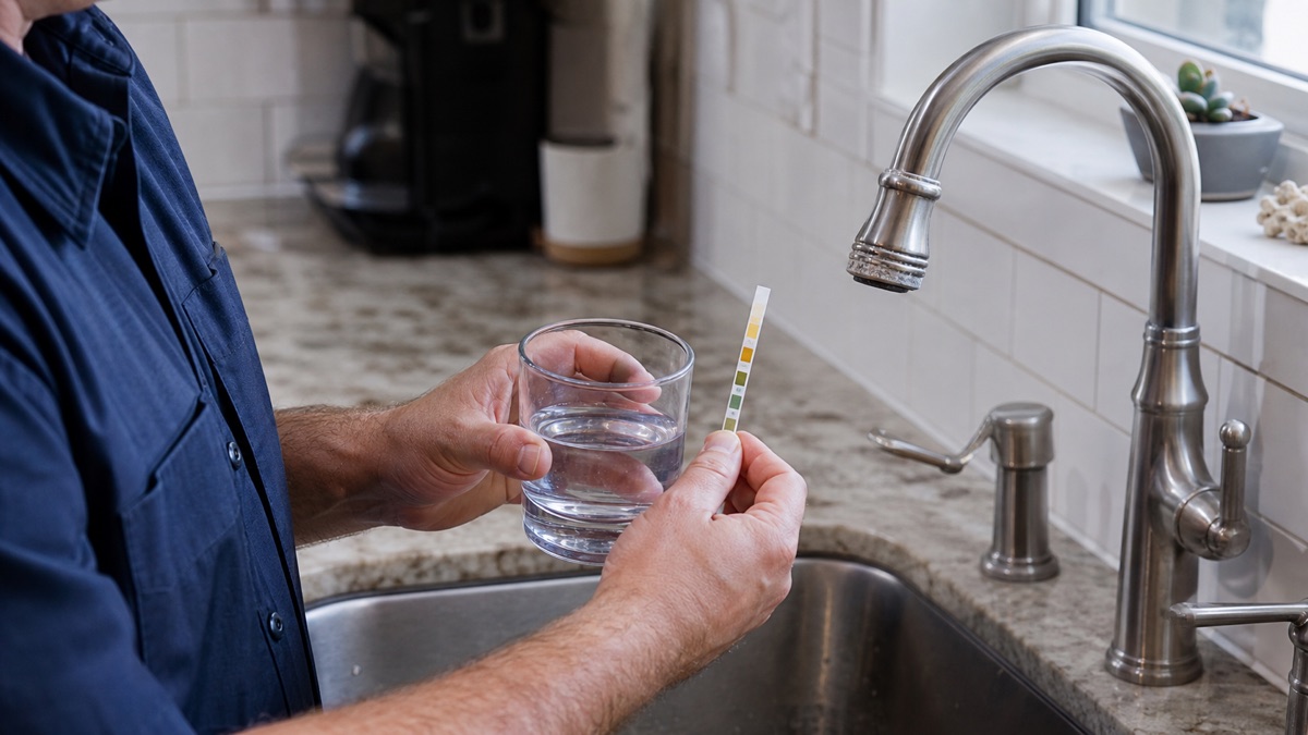 Plumbing technician comparing a water sample with a hardness test strip