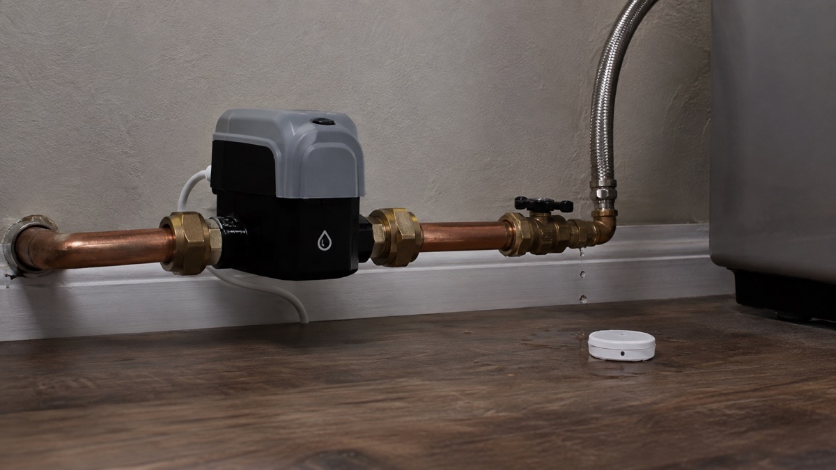 Automatic shutoff valve and floor sensor monitor a small supply-line drip.