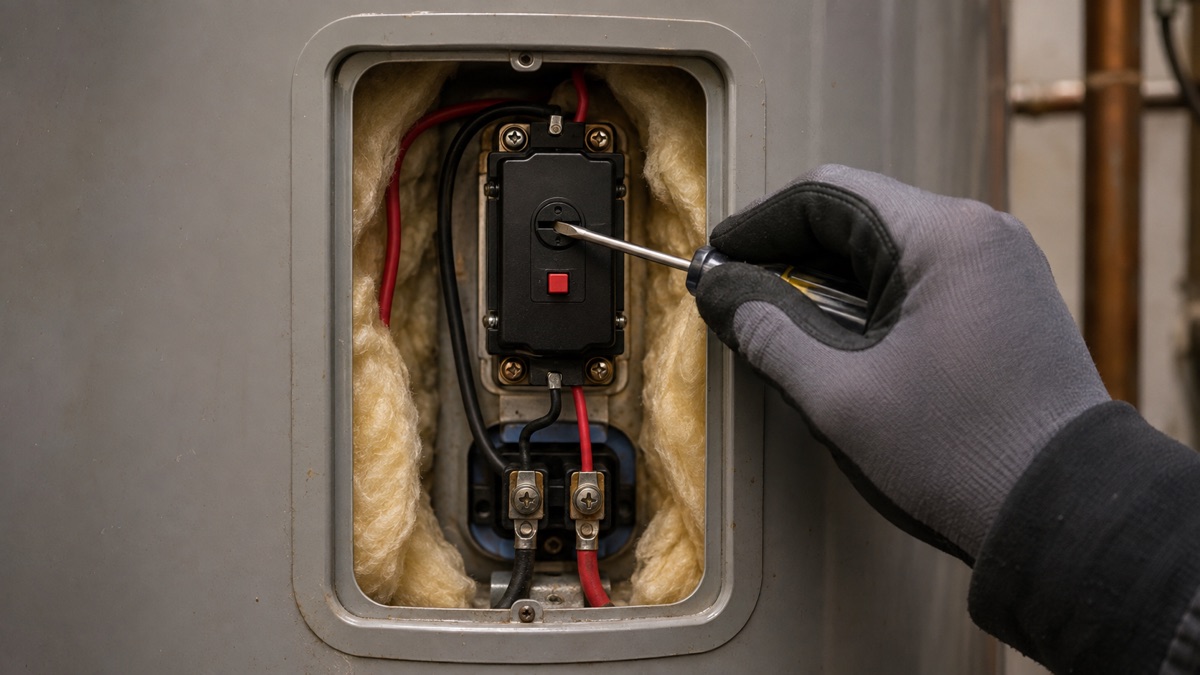 Gloved technician adjusting an electric water heater thermostat.