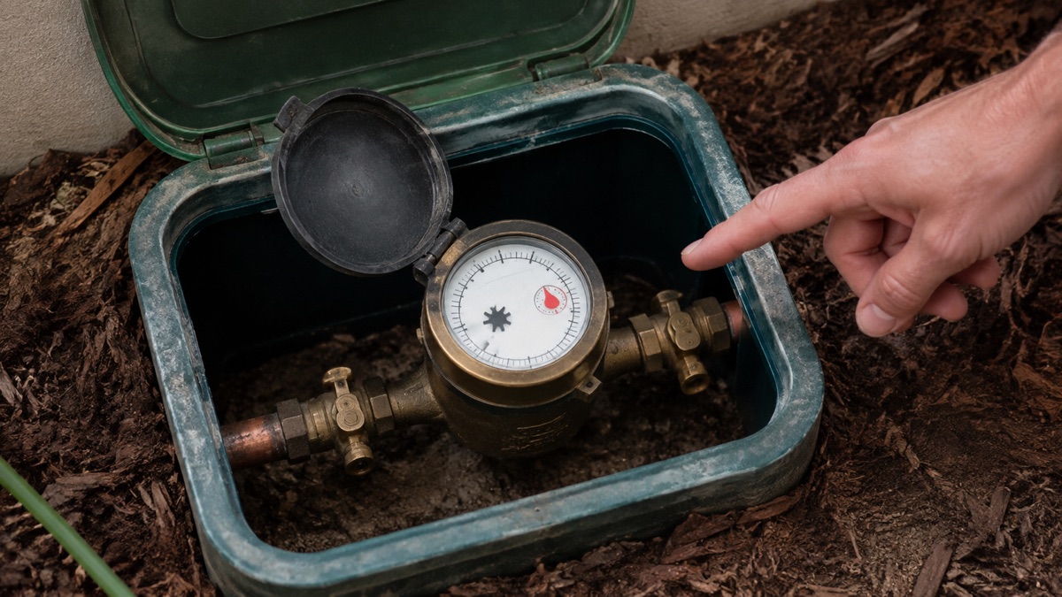 A homeowner points to the leak indicator on an outdoor water meter.