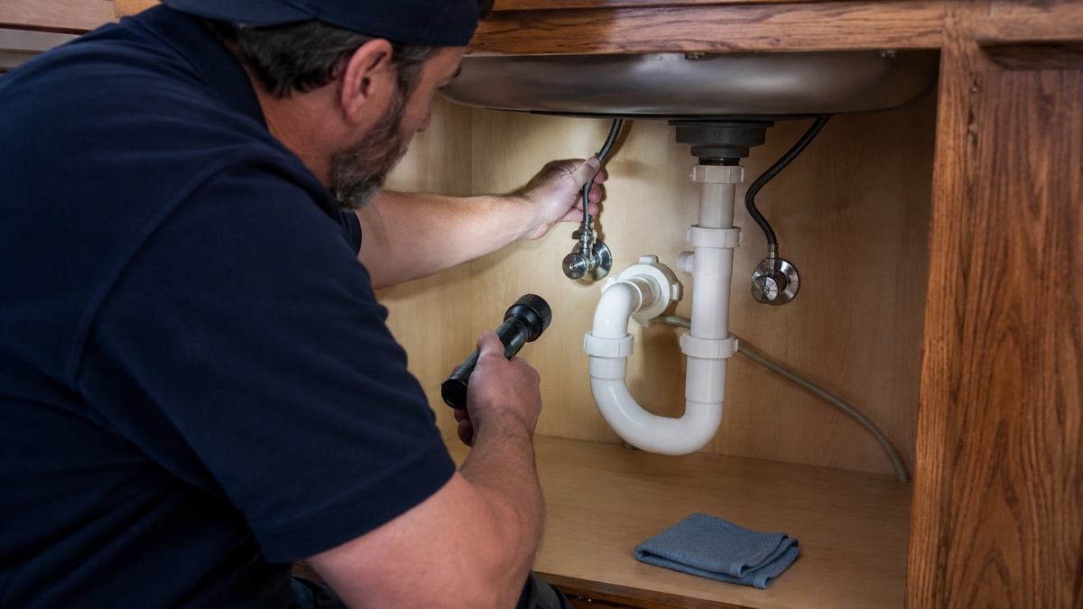 Technician inspects a braided supply hose, shutoffs, and P-trap beneath a sink.