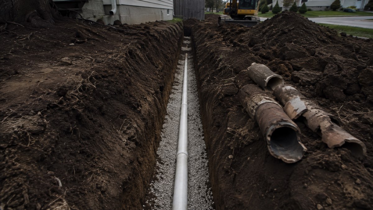 New sewer pipe in a deep residential trench beside removed clay pipe sections