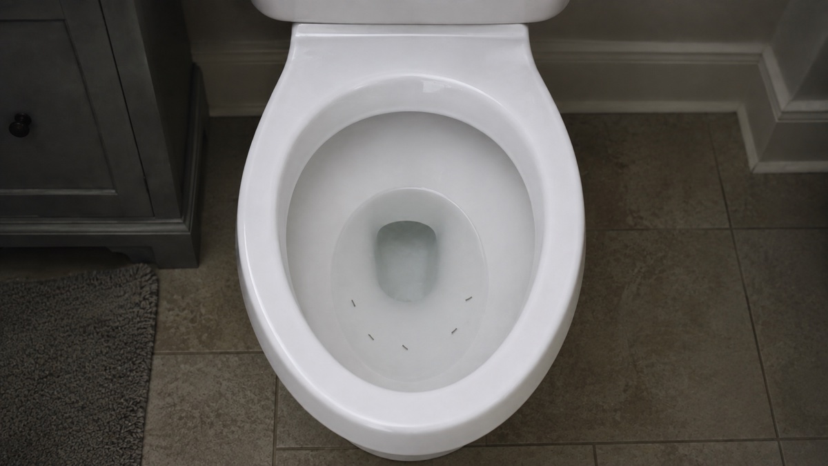 Small drain-fly larvae visible near the waterline inside a toilet bowl