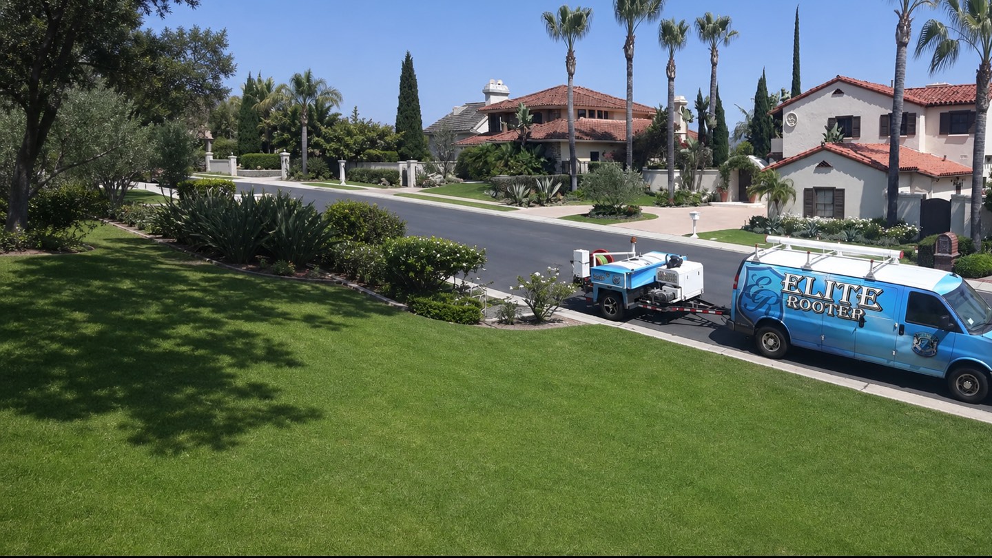 Elite Rooter service van and equipment trailer parked outside a customer's home