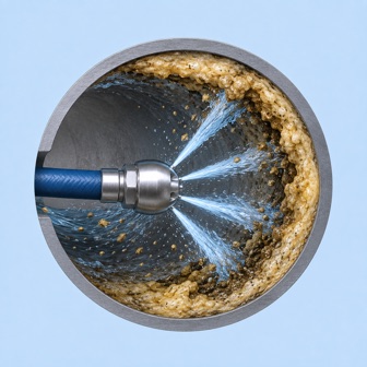 Illustration of water jets removing buildup inside a drain