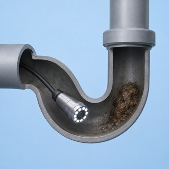 Illustration of an inspection camera locating a blockage inside a drain
