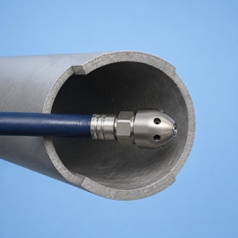 Illustration of a drain-cleaning nozzle and hose