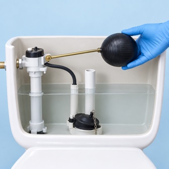 Illustration of gently lifting the toilet tank float to stop refilling