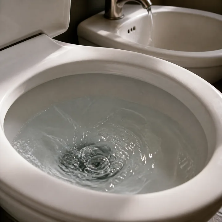 Bubbles in a toilet bowl while a nearby fixture drains
