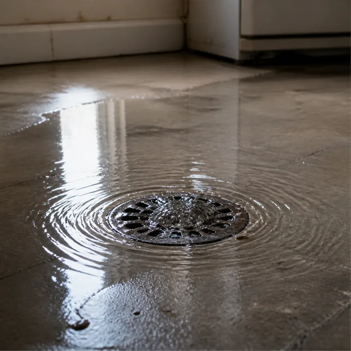 Shallow clear water returning around a lower floor drain