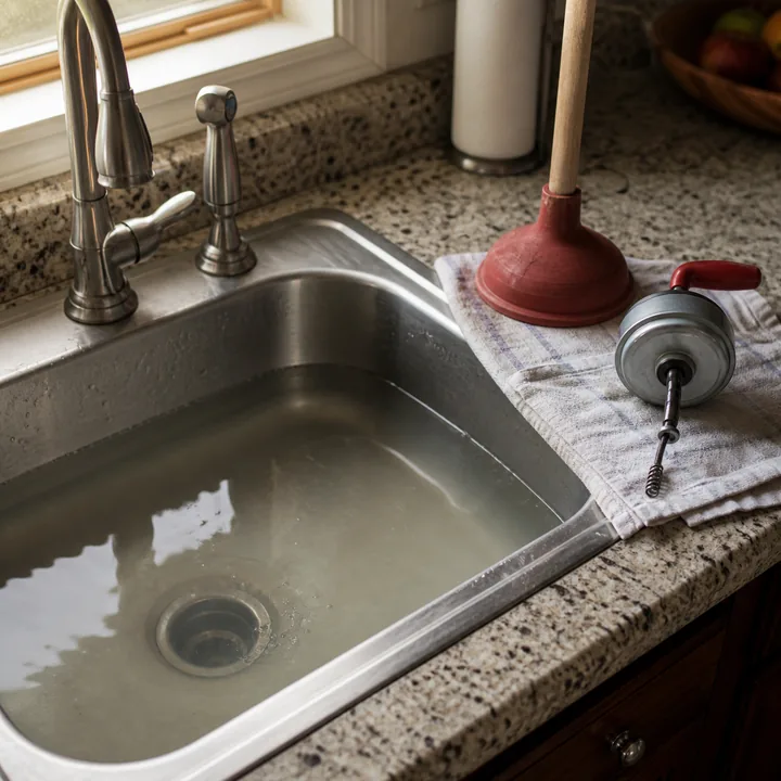 A plunger and hand drain snake beside a backed-up sink