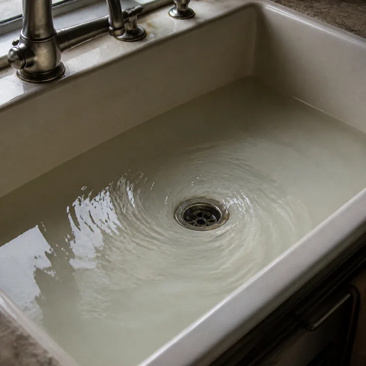 Shallow standing water draining slowly from a kitchen sink