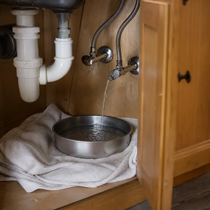 Clean water leaking from an under-sink shutoff into a catch pan
