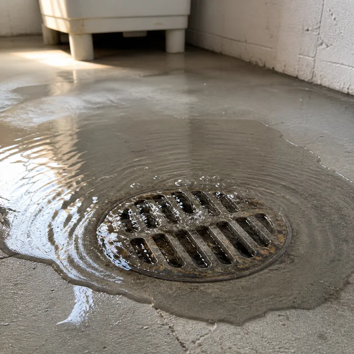 Shallow clear water backing up around a utility-room floor drain