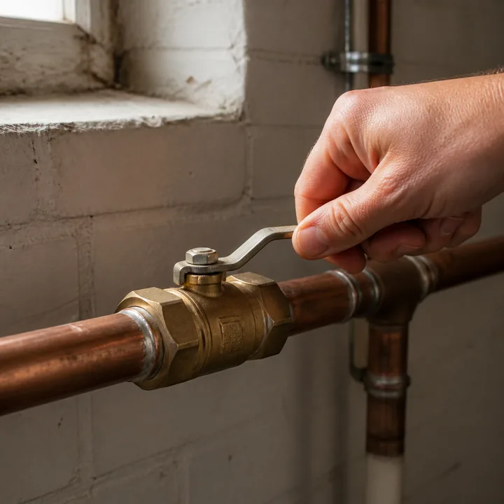 A hand closing a lever shutoff on a copper home water line