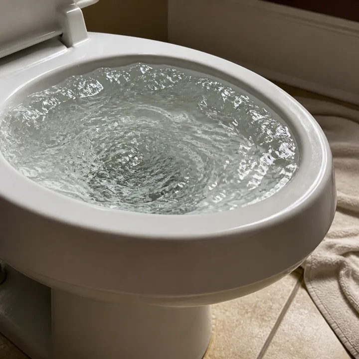 Clear water sitting close to the rim of a residential toilet