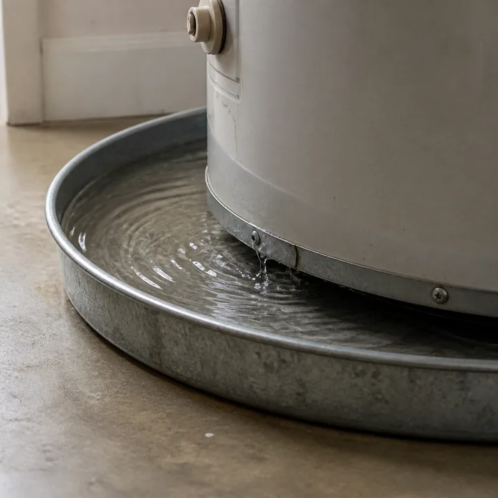 Water collecting in a drain pan beneath a tank water heater