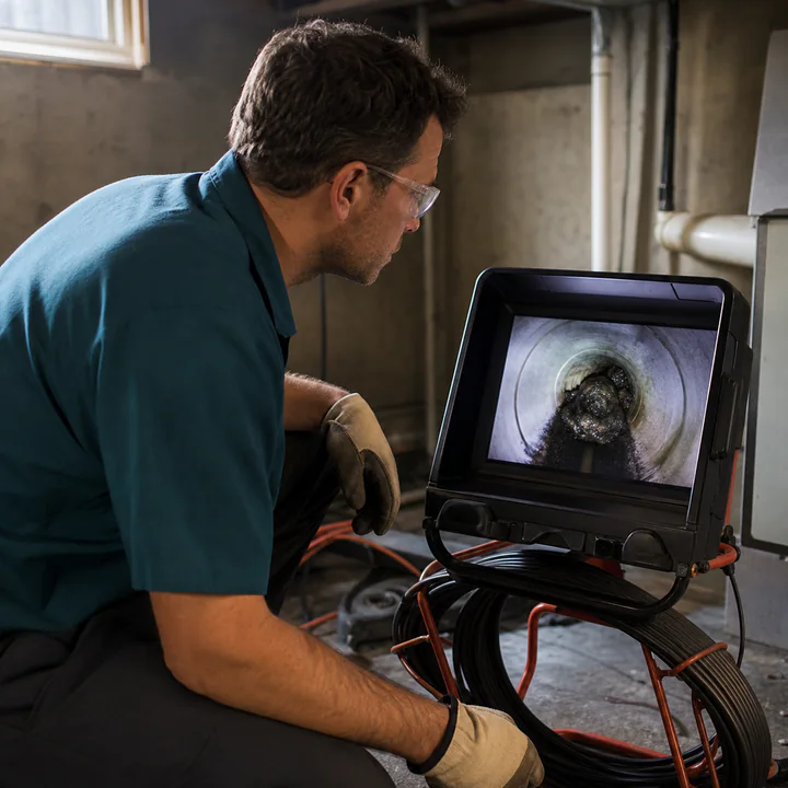 A plumber reviewing a sewer camera monitor beside drain equipment