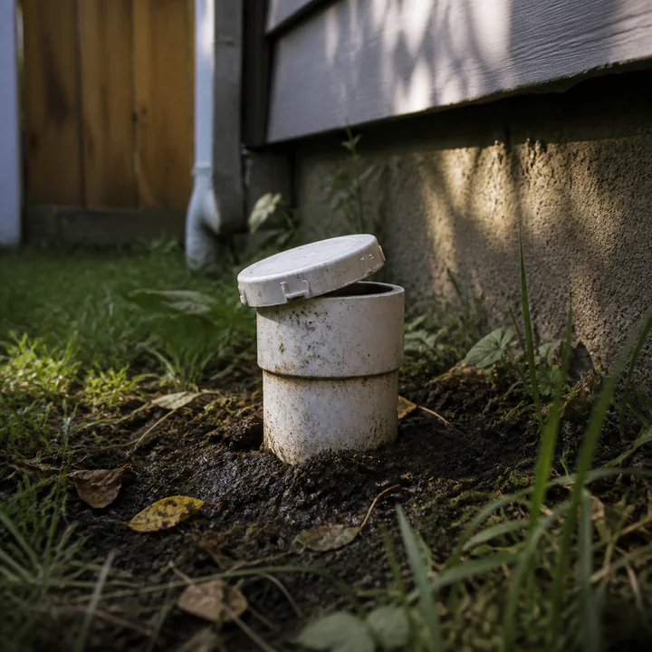 A residential sewer cleanout with damp soil around its base