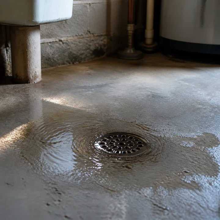 Shallow clear water returning around a utility-room floor drain