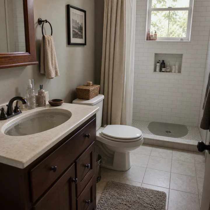 A bathroom sink, toilet, and shower showing slow drainage