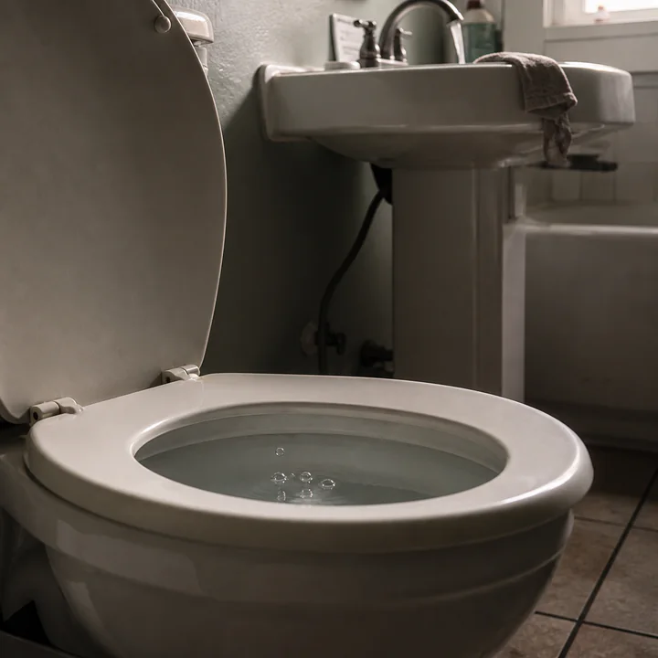 Bubbles in a toilet bowl while a nearby sink drains