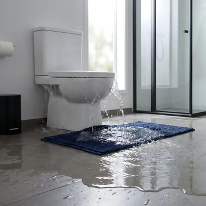 Clear water spilling from a residential toilet onto the bathroom floor